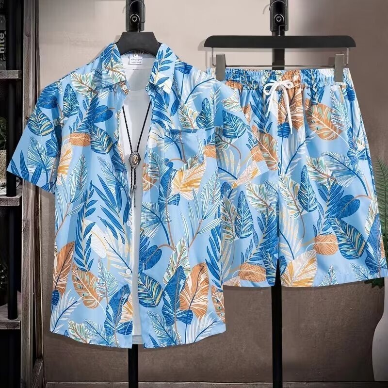 Men's Ice Silk Quick-Drying Sanya Travel Shirt Set, Suitable for Swimming, Hawaiian Seaside Vacation Beach Shorts