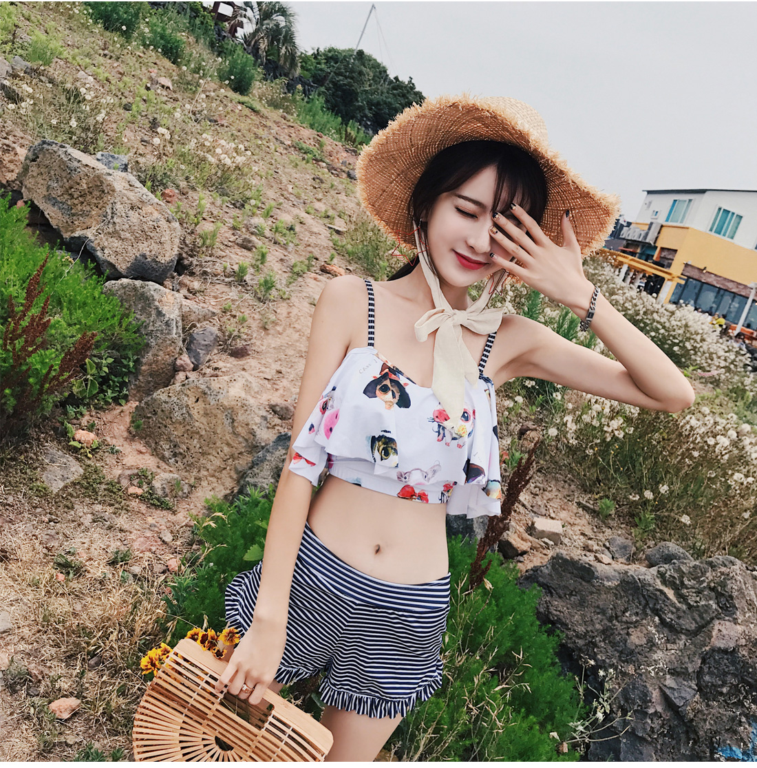 Chia áo tắm nữ sinh viên bảo thủ Cô gái Hàn Quốc buông vai che bụng là áo tắm mỏng mùa hè - Bộ đồ bơi hai mảnh áo 2 mảnh