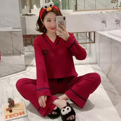 Butterfly Feiman big red long-sleeved pajamas female spring and autumn pure cotton student girl cotton home service set