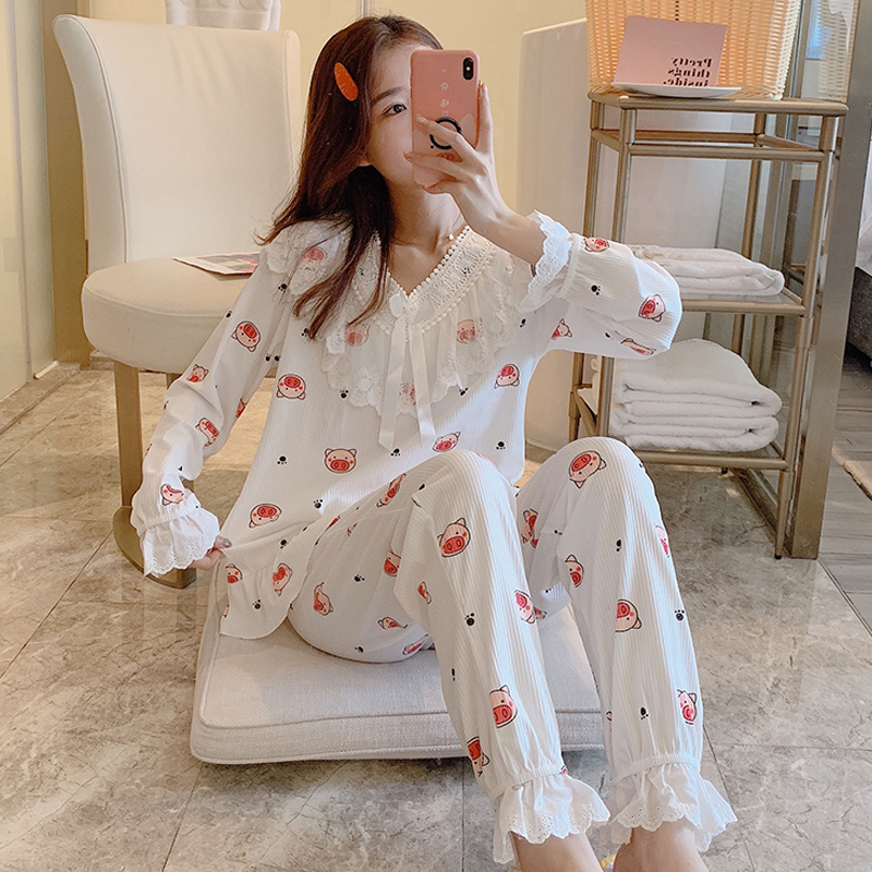 Long sleeve pyjamas women's spring and autumn suit Two sets of Korean version Students cute lace princess Winners' home in autumn and winter thin style-Taobao