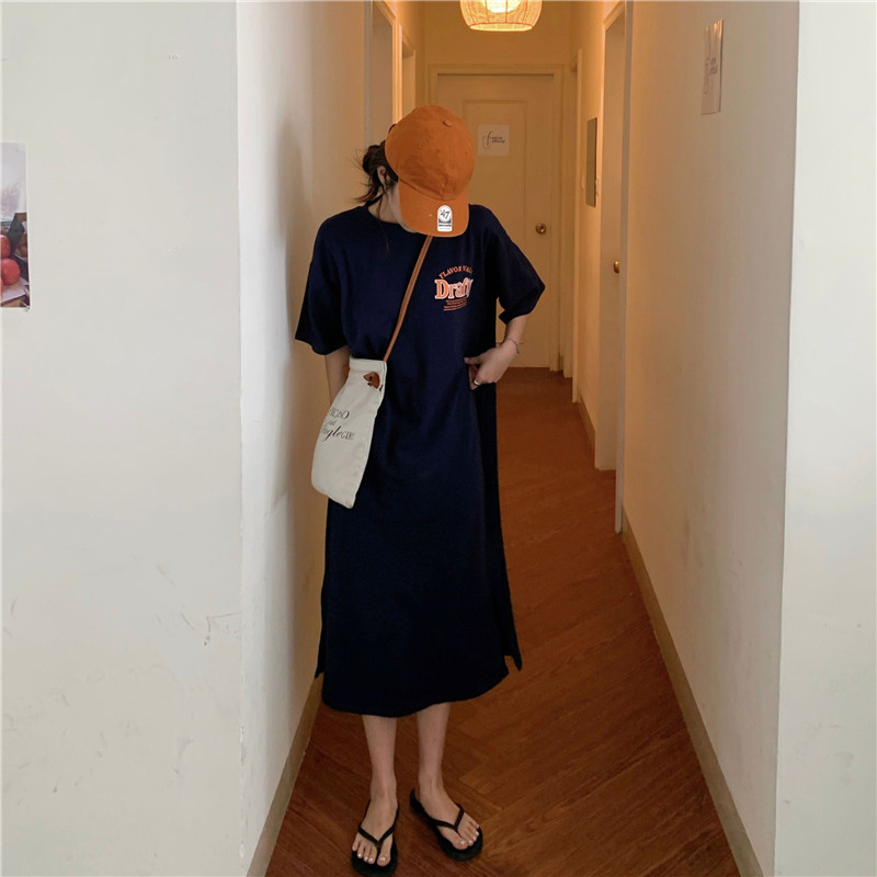 Salt Tether Sleeping Skirt Woman Summer Long Version Short Sleeves Pure Cotton Big Size Loose Over Kneecap Pyjamas Dress Pyjamas Dress Outside