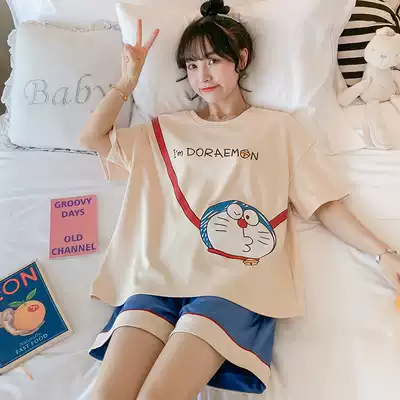 Pajamas women's summer thin short-sleeved shorts pure cotton student suit two-piece robot cat Korean ins home service