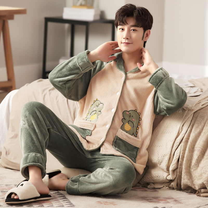 Men Sleeping Clothes Autumn Winter Coral Suede Thicken Plus Suede Ramp Up Code Loose Cartoon Teen Flannel Suede