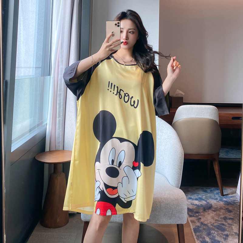 Ice silk nightdress women's summer thin section short-sleeved 2021 new net red cute sweet pajamas summer loose large size