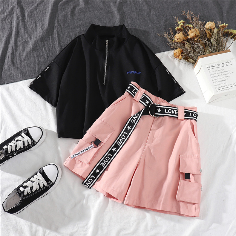 Комплект, короткая черная футболка с коротким рукавом, штаны для девушки 