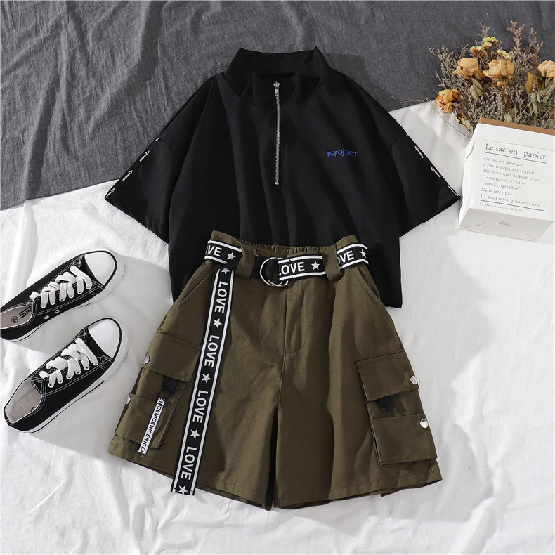 Комплект, короткая черная футболка с коротким рукавом, штаны для девушки 