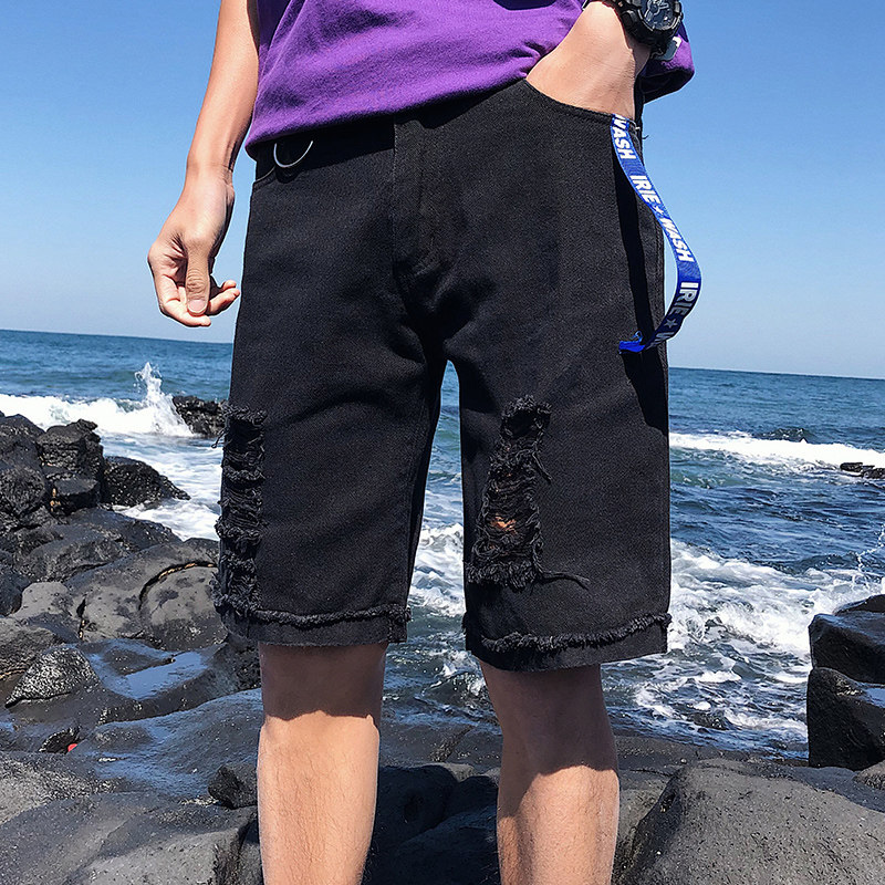 Broken Hole Cowboy Shorts Men Summer Thin straight drum Loose Tide Cards Nets Red 50% Pants Trendy Korean version 100 lap