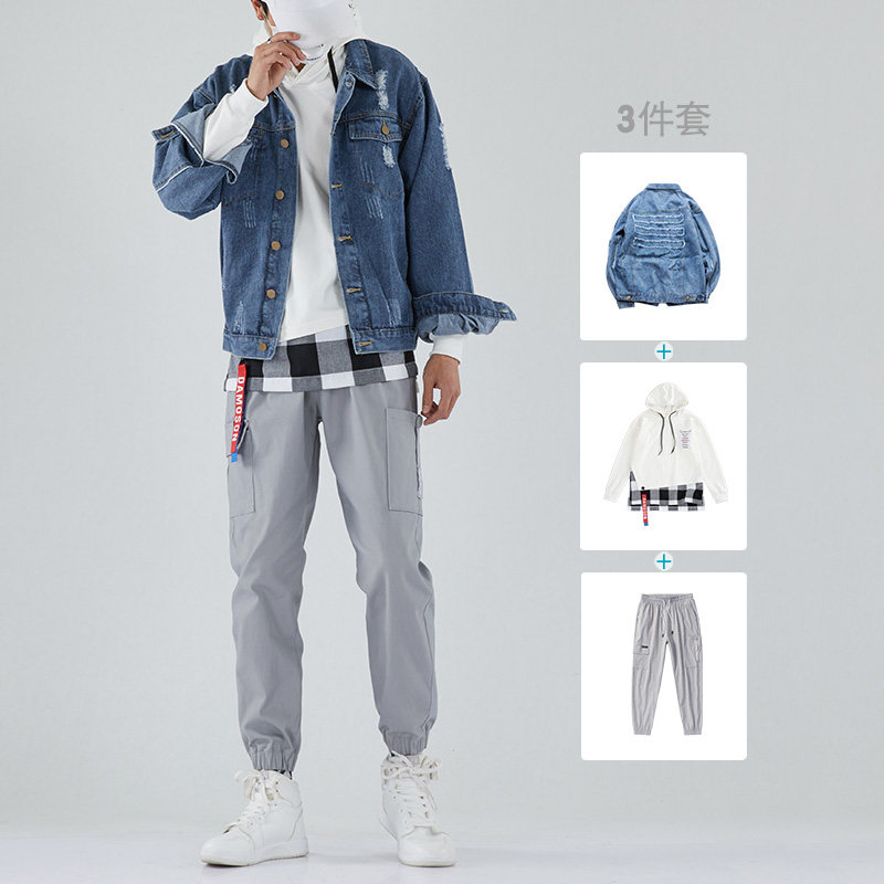 Denim Jacket Male Korean version Trend frock jacket jacket Men's outfit Set of clothes Spring and autumn season suit mix with handsome