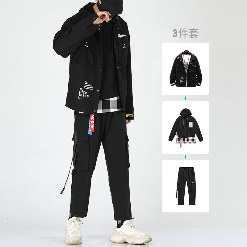 Spring Autumn Season Tooling Jacket Male Korean version Trend Men's outfit Set with handsome gas suit Ins Spring-mounted jacket jacket