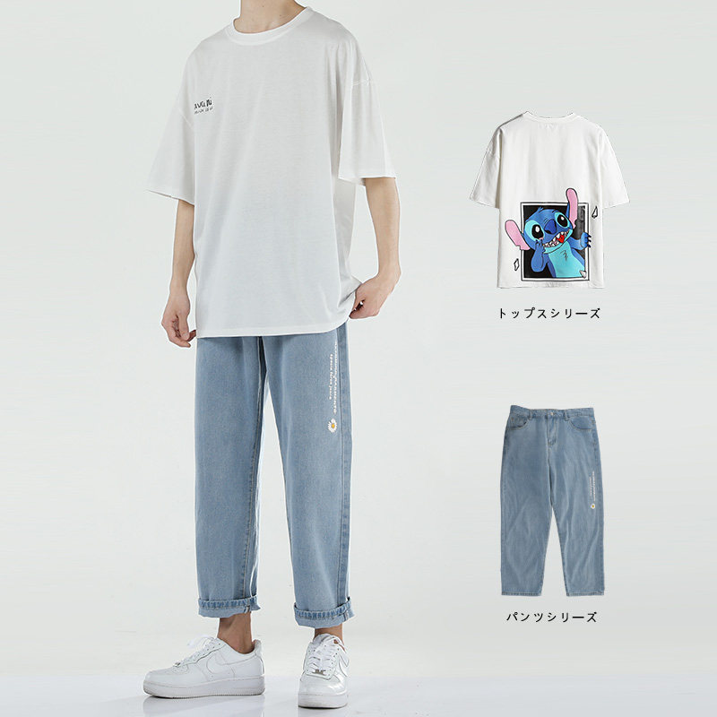 2021 popular style pendant wide-leg nine-point jeans men's summer Korean version trend straight loose daddy trousers