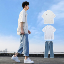 Short-sleeved white shirt mens coat Korean version of the trend summer thin model Ruffian handsome tooling suit mens set with handsome