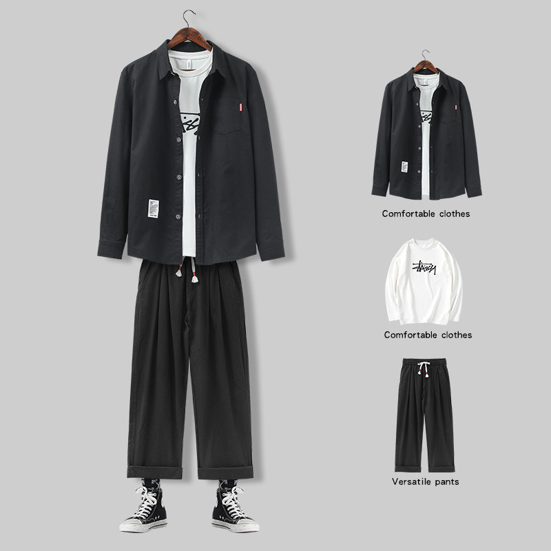 Fall long sleeve ruffling handsome shirt men's Korean version trendy dk uniform suit men's set with a pair of handsome tooling coats