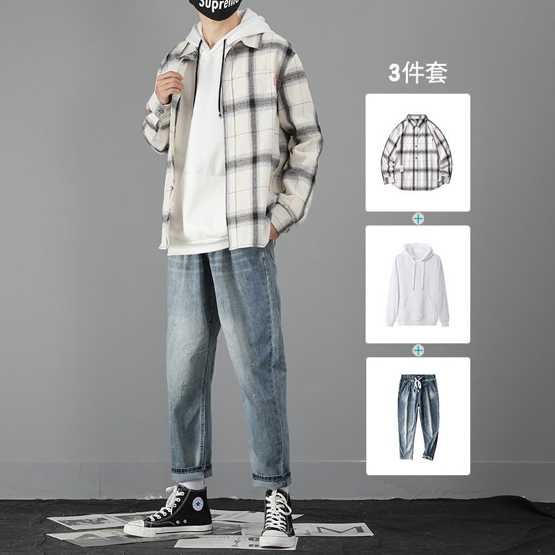 Plaid shirt male long sleeve Korean version trendy rufflet-handsome shirt casual jacket men's set with a pair of handsome suits