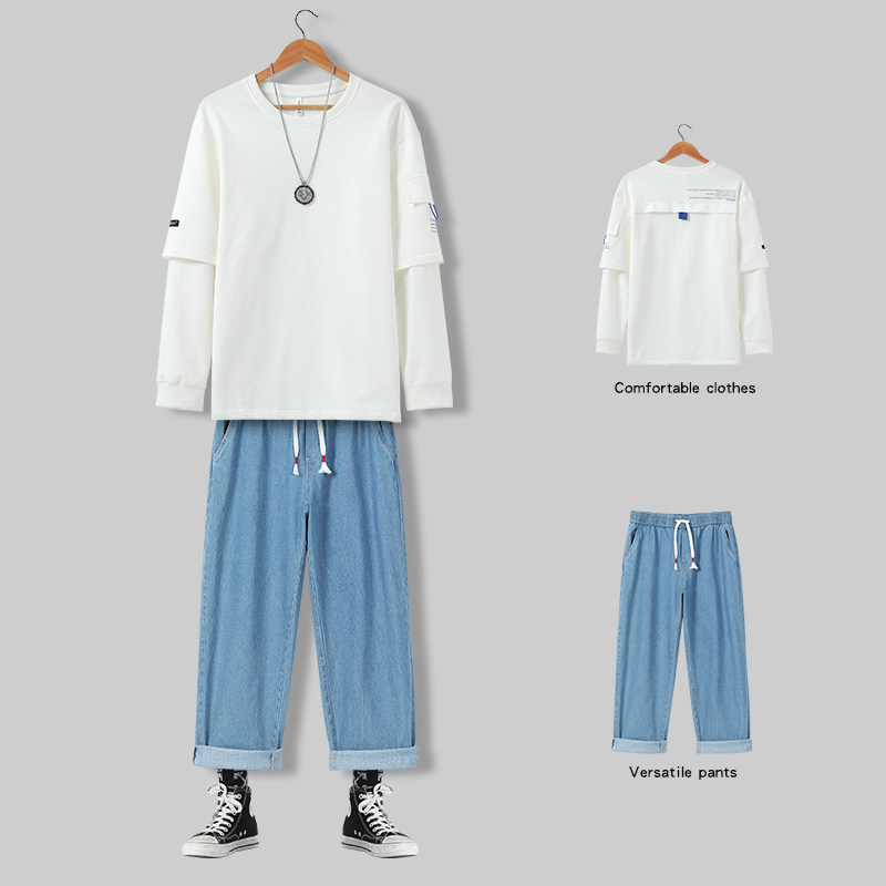 Pendant feeling wide leg 90% jeans Men's straight drum Loose Fall Suit Tide Korean version Trend Old Dad casual long pants-Taobao