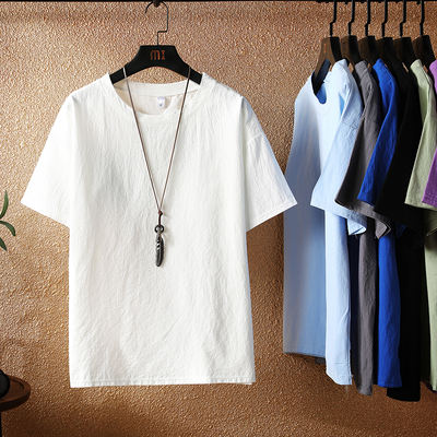 Cotton and linen short-sleeved men's summer thin, loose, large-sized half-sleeve trendy brand ice silk cotton and linen men's T-shirt from Guangzhou Thirteen Factories