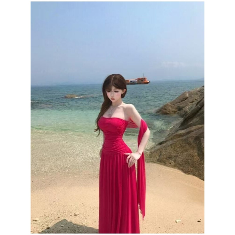 French-Style Seaside Vacation Tube Top Dress for Women, Summer Party Dress, Unique and Beautiful Red Off-The-Shoulder Long Dress