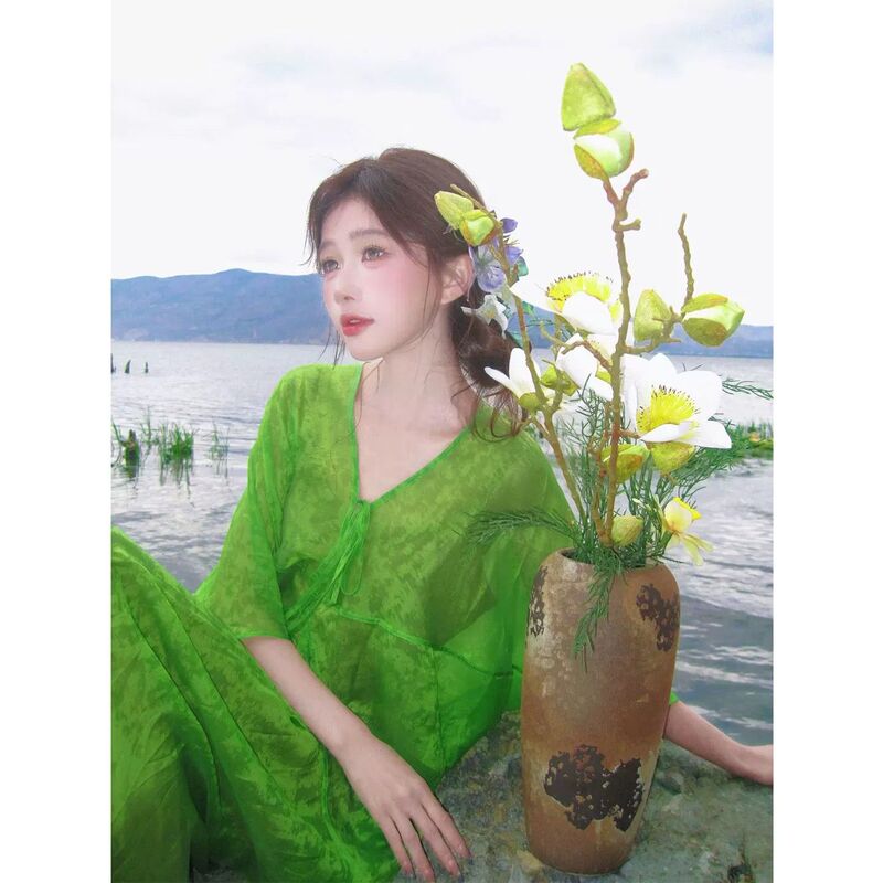 Lazy Style, Bright and Romantic Green Dress for Women, Summer Vacation, Seaside, Relaxed and Cool Feeling, Stunning Beach Long Dress Lazy Style, Bright and Romantic Green Dress for Women, Summer Vacation, Seaside, Relaxed and Cool Feeling, Stunning Beach Long Dress
