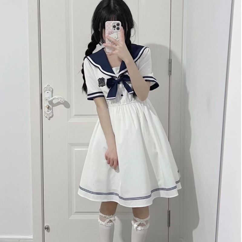 Japanese Jk Sailor Uniform Student Dress for Women, Summer College Style, Navy Collar, Short Sleeves, Petite, Cinched Waist, Long Skirt
