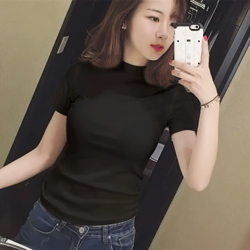 Белая базовая футболка из хлопка с высоким воротником, с коротким рукавом, облегающая, Slim fit
