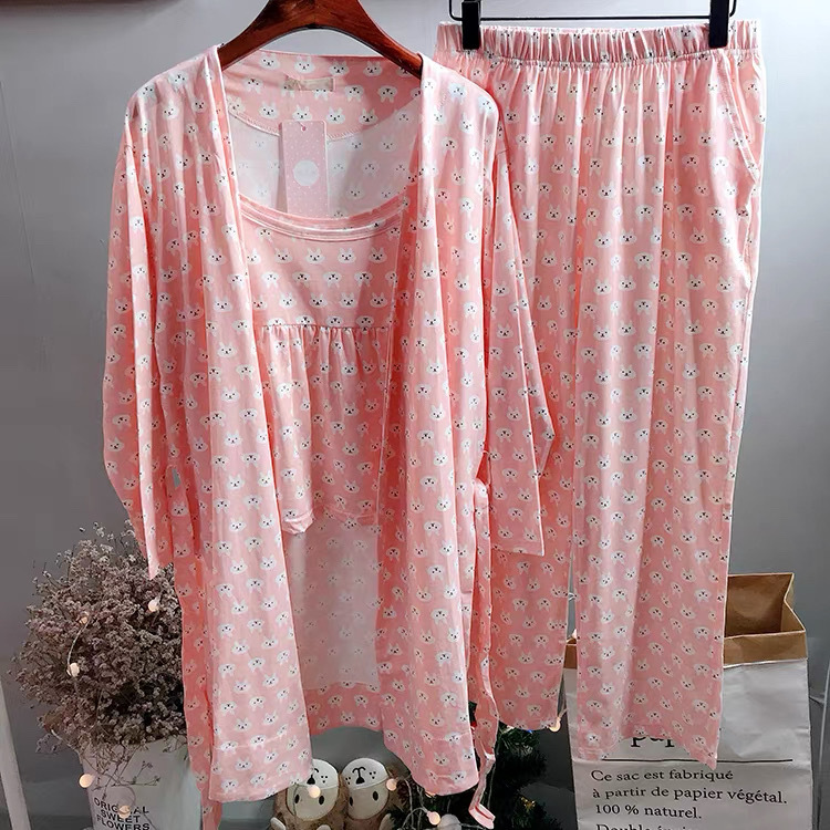 Three-Piece Pajama Set for Women, Pure Cotton, Spring, Autumn and Summer, Korean Style Kimono Cardigan, Camisole, Long-Sleeved Home Wear Set