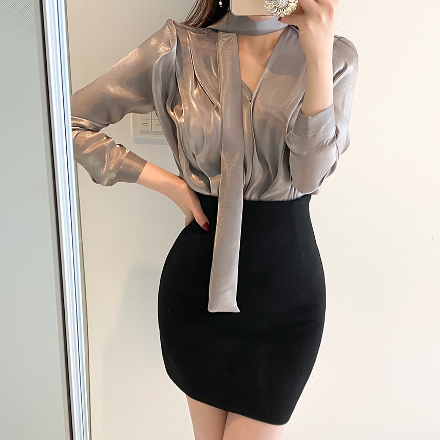 Tie inclined fork lead satin long sleeve shirt lady Spring loaded with new shirt jacket head commute South Korea