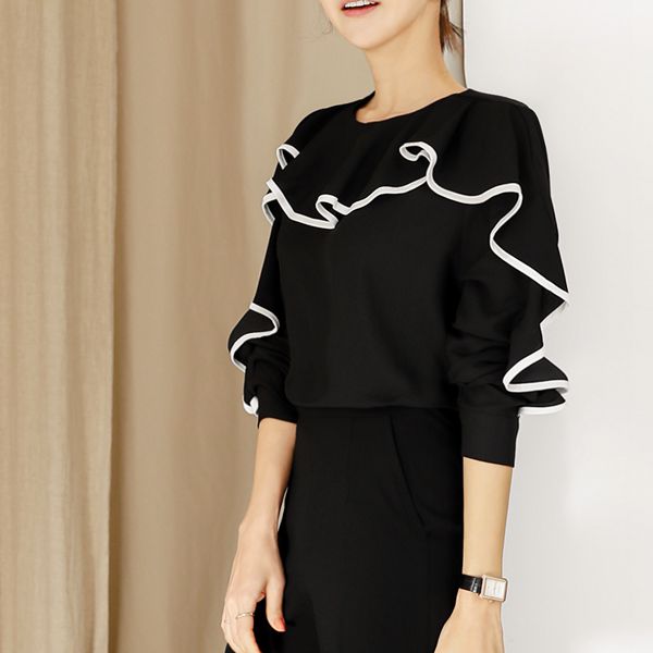 Matching color small side Cubic lotus sleeve round collar shirt blouse 100 lapped Korean spring new