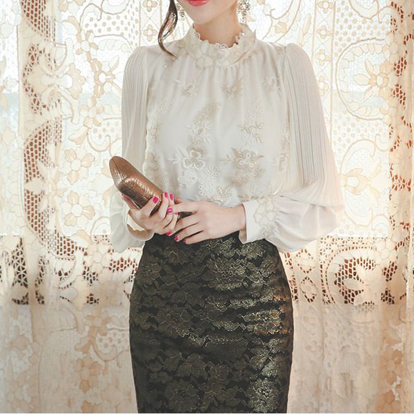 Palace Noble Temperament Lace 100 Plexu Sleeve Snowspinning Shirt Blouse 100 Hitch Korea 2022 Autumn Dress New