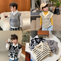 Childrens vest sweater knitting college style boys and girls 2022 autumn style temperament V-neck baby cashmere vest tide