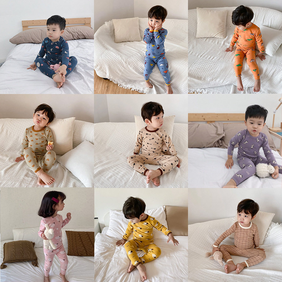 Children's pajamas set autumn and winter new round neck underwear cartoon boys and girls home clothes autumn clothes long johns baby cotton