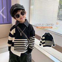 Boys sweater black and white stripe stitching baby fake two-piece knitted sweater long-sleeved western style pullover top trendy