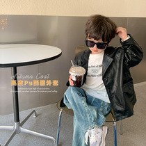 Childrens leather jacket 2022 autumn new boys and girls Korean version handsome PU bright leather suit jacket baby handsome
