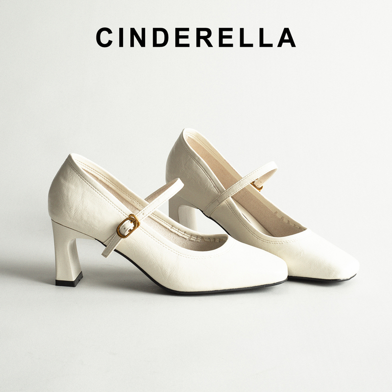 White Genuine Leather French Retro High Heels for Women 2026 Spring Single Strap Commuting Work Chunky Heel Mary Jane Shoes