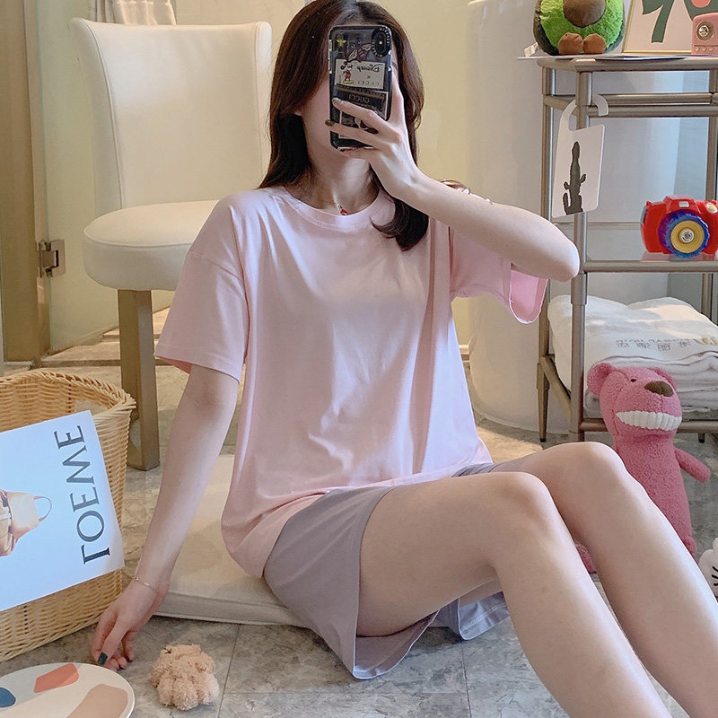 Pure Cotton Pyjamas Woman Summer Pure color Korean version Short sleeves Brief about two style suit loose Home Suits Summer Thin and Exterior Wear