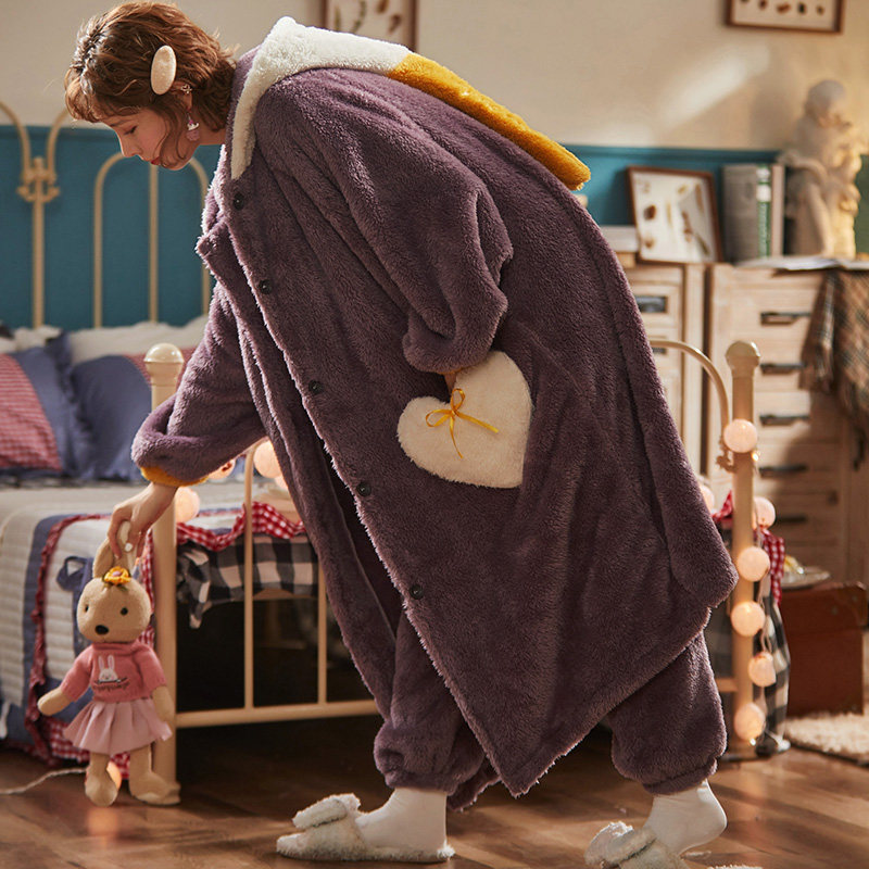 Long version nightgown women's autumn and winter love purple thickened coral velvet pajamas Trousers suit Flannel night dress home clothes