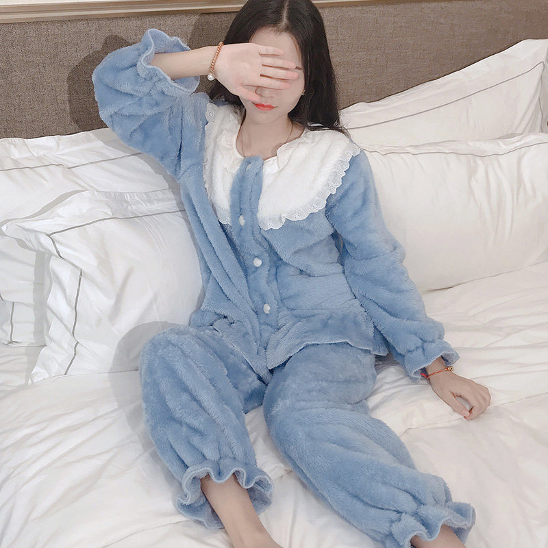 Cardigan princess pajamas women's autumn and winter thickened lace coral fleece student warm flannel homewear suit