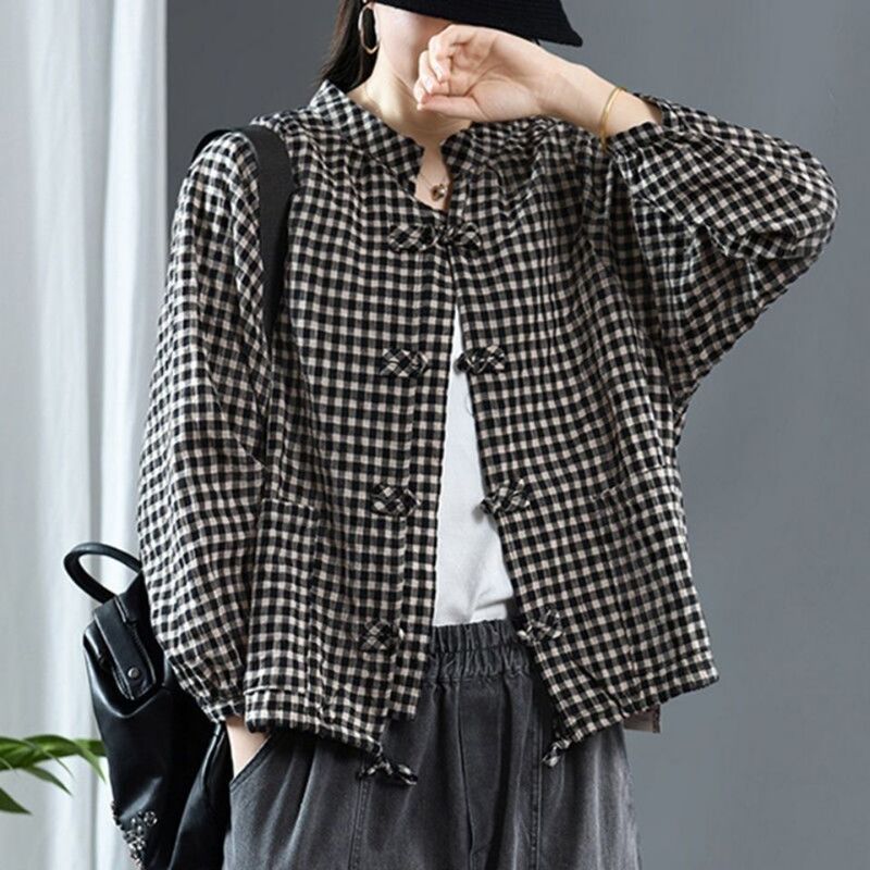 2026 Spring New Plus Size Vintage Button Plaid Cotton Cardigan Women's Drawstring Hem Plaid Top Jacket Women's Shirt