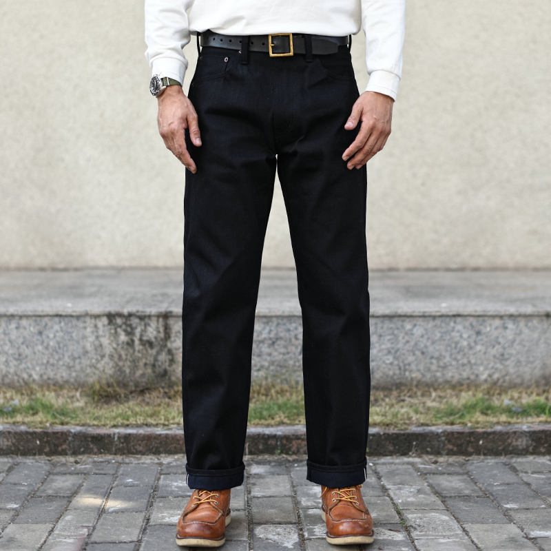Heavy-Duty Double-Dyed Vulcanized Black Men's Black Denim Jeans, Raw Selvedge Denim Workwear Khaki