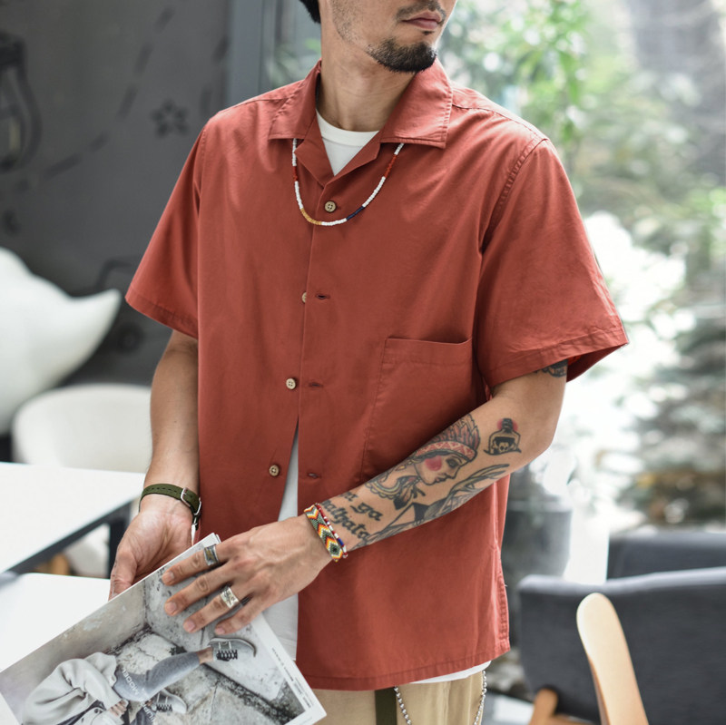 Dip sauce Cuban collar short sleeve shirt men's solid color casual shirt summer men's short sleeve shirt vintage