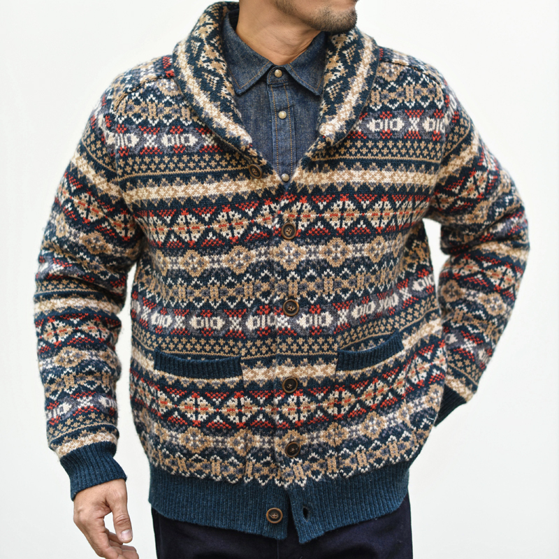 Dip-Dyed Fair Isle Cardigan Jacket, High-End Sheep Wool Cardigan Sweater, Vintage Ame-Kaji Thickened Jacket