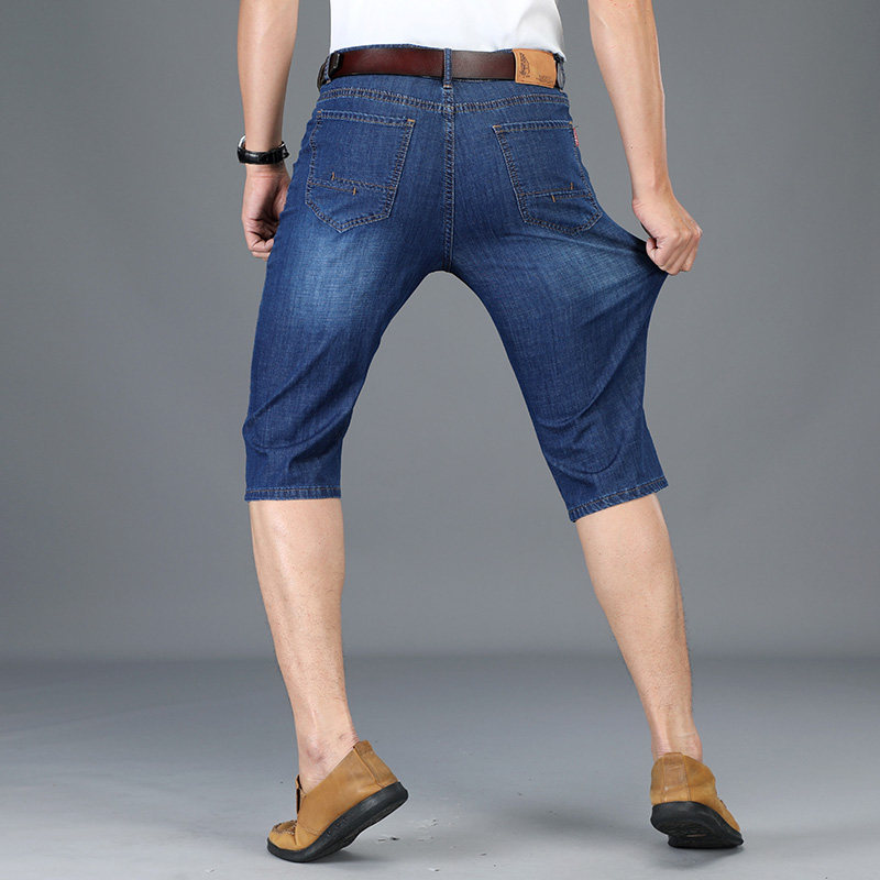 Ralph midot Lauren polo summer ice silk seven-point pants men loose straight men's denim shorts stretch five-point pants middle-aged 7-point pants thin