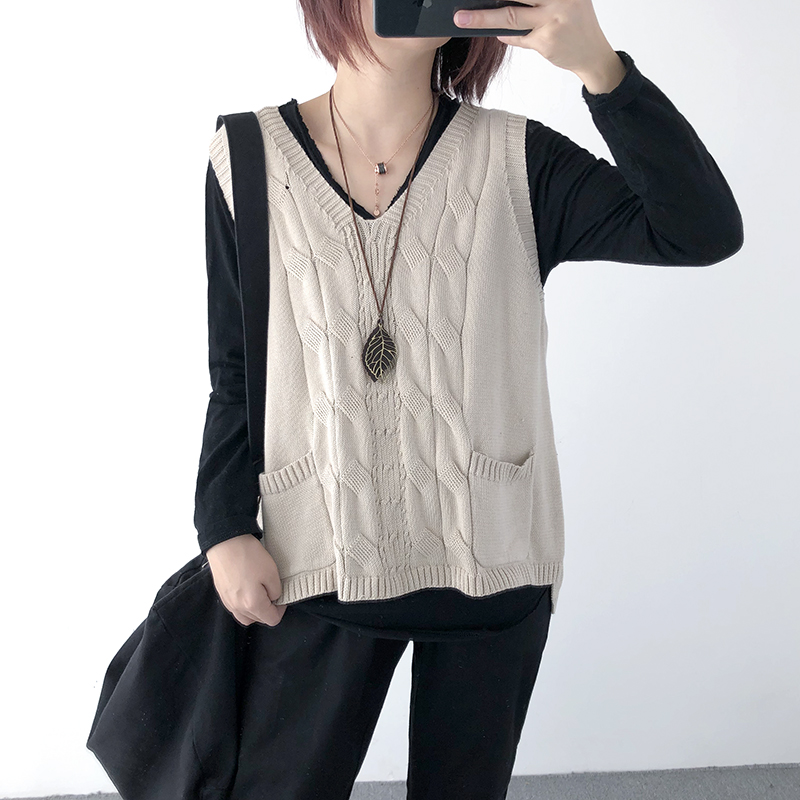 Dệt kim cô gái mùa xuân và mùa thu vest mới loose-fitting lớn mã cổ chữ V thay đổi nội dung gai tay đầu ngoài vết sưng vest