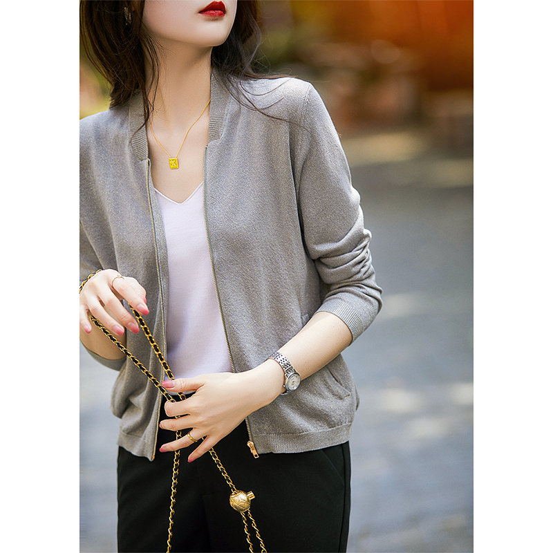 Laughs Culvert Penthouse Bright Silk Stand Long Sleeve Cardio-knitted Jacket Woman 2022 Spring Thin ZWC461144AG