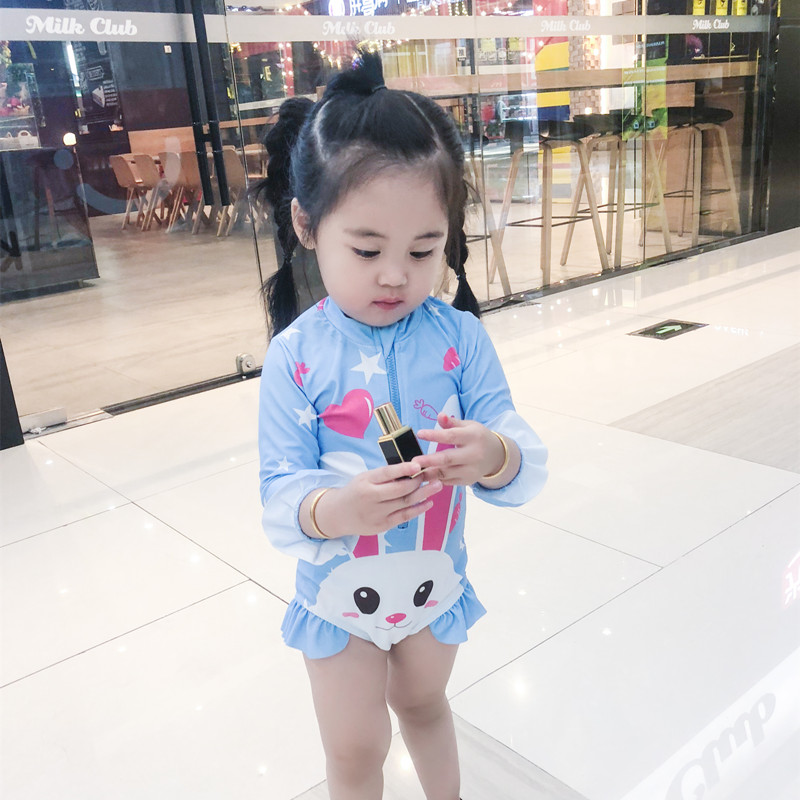Áo tắm trẻ em Hàn Quốc, hình cô gái thỏ phiên bản Hàn Quốc của áo tắm liền tay ấm áp mùa xuân nóng bỏng phù hợp với thủy triều - Bộ đồ bơi của Kid đồ bơi trẻ em nữ