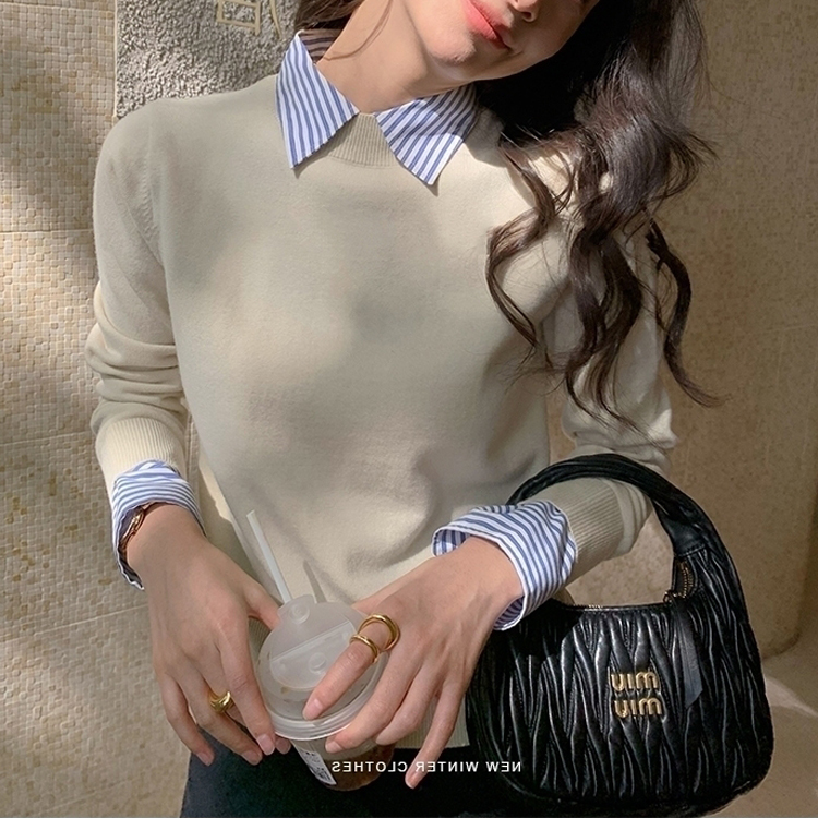 2026 New Style Patchwork Shirt Collar Knit Sweater Autumn Base Layer Fake Two-Piece Versatile Pullover Women's Top 2026 New Style Patchwork Shirt Collar Knit Sweater Autumn Base Layer Fake Two-Piece Versatile Pullover Women's Top