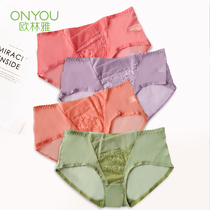 Olinya bamboo pulp fiber womens comfortable lace printing translucent mesh underwear sexy breathable DNV803