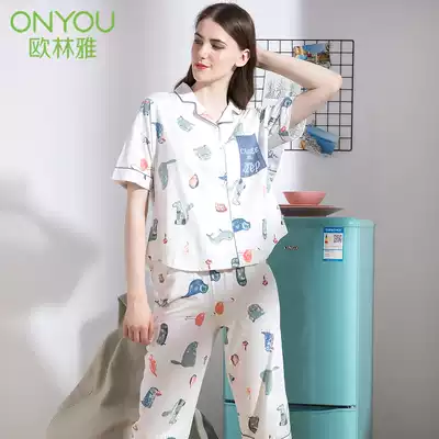 Olinya bamboo fiber pajamas women's summer thin printing loose short-sleeved home clothes counter with FJG2227