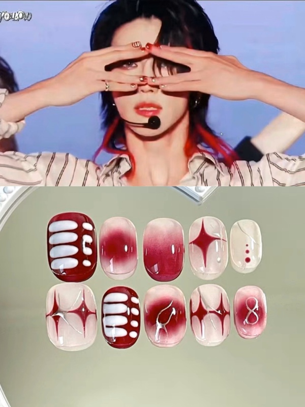Xu Minghao's Same Style Nail Art 5.0, Xu Minghao's Same Style Red Nail Art, Handmade Wearable Nails, Hand-Painted Wearable Nail Art