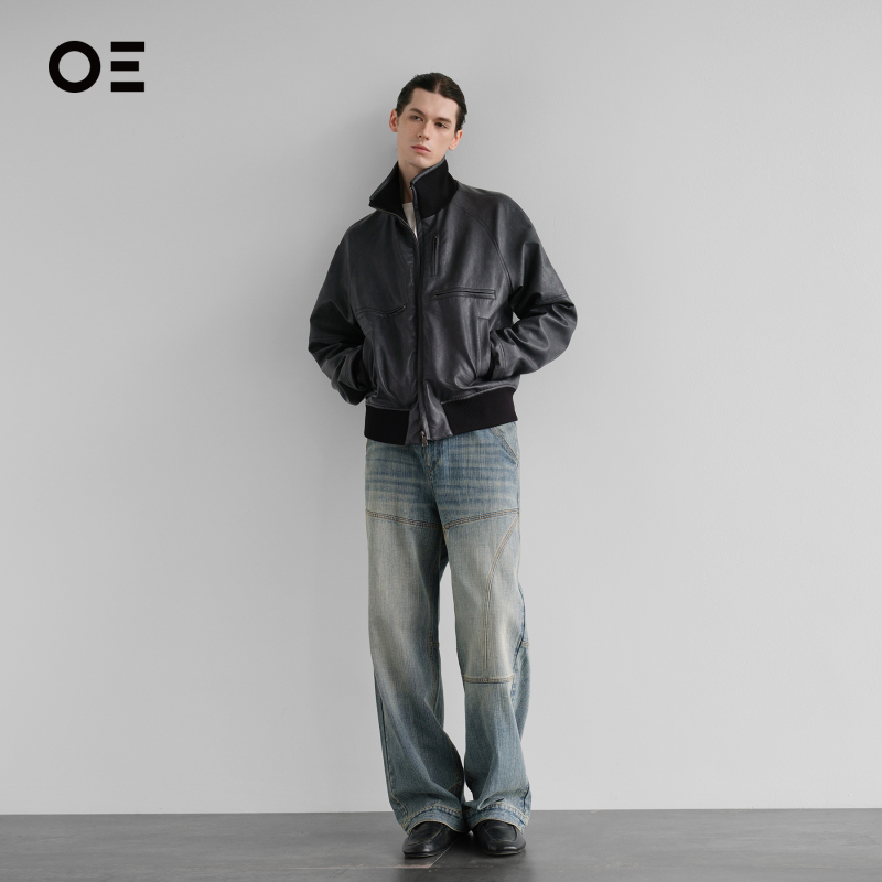 Organi Emotion Straight-Leg Jeans with Slub Texture, Asymmetrical Deconstructed Design, Vintage Washed Long Pants Oe