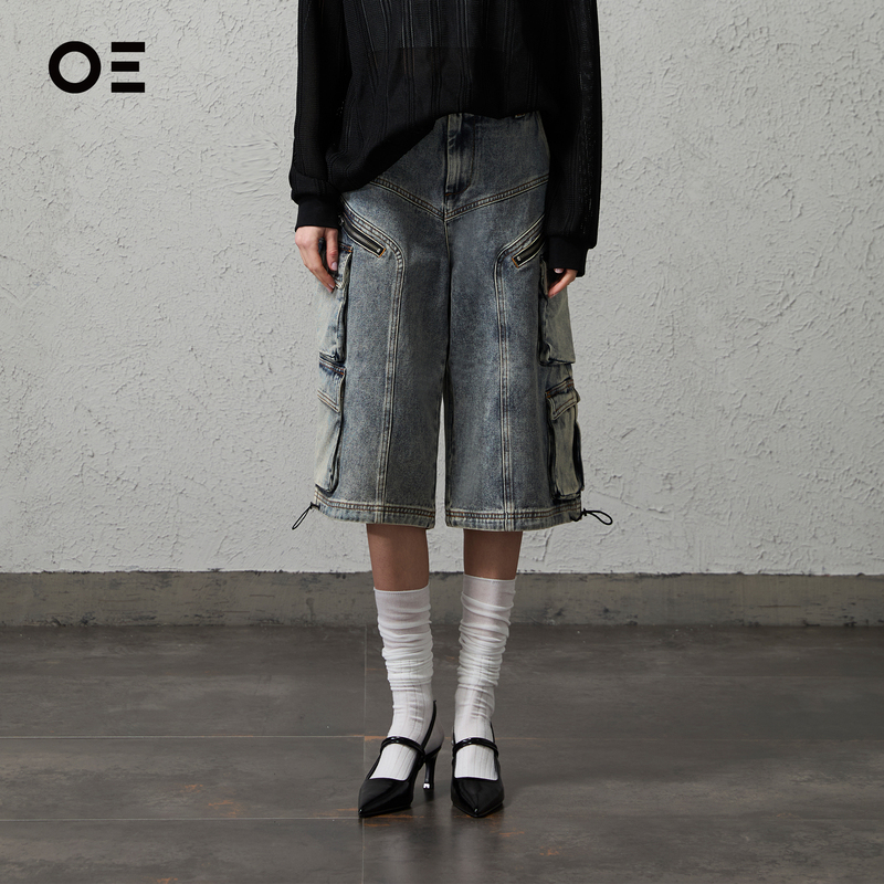 [Celebrity Style] Organic Emotion Multi-Pocket Denim Capri Pants Vintage Washed Jeans Oe