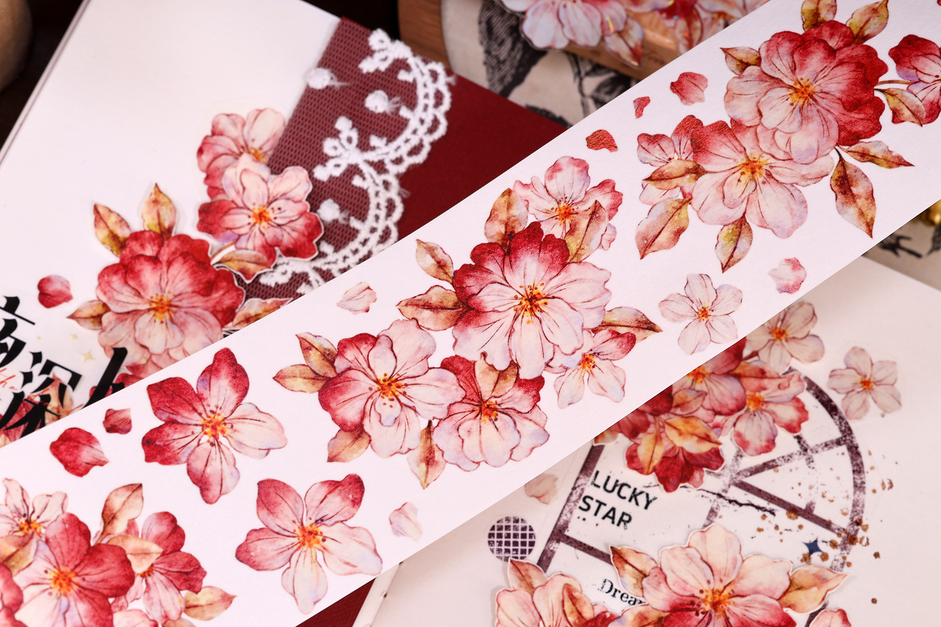 赤相思 レトロな赤い花柄 和紙PET シェル光沢 マスキングテープ 手帳